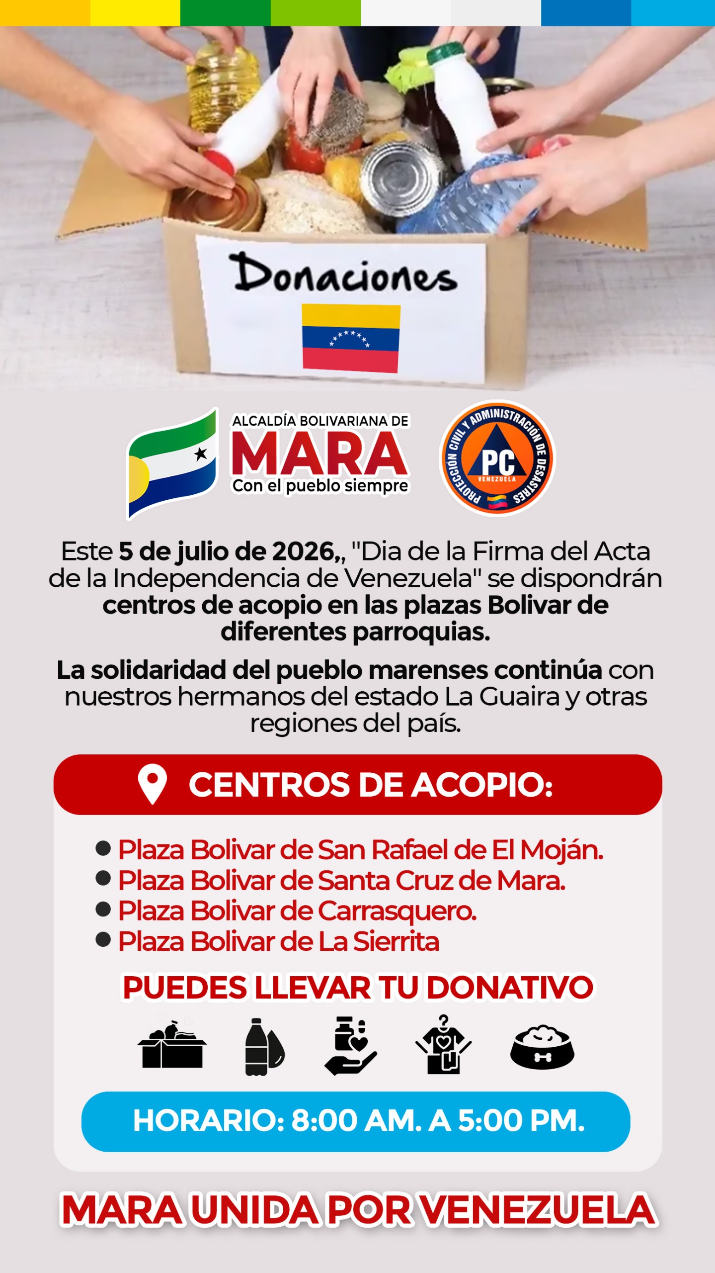 Mara habilitará centros de acopio este domingo para apoyar a las familias afectadas por la emergencia nacional